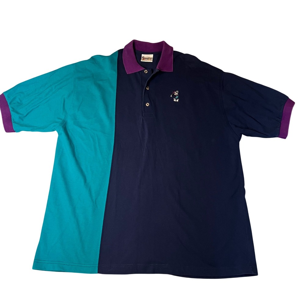 Vintage Walt Disney World Mickey Mouse Colorblock Polo Shirt XXL Navy Teal 90s